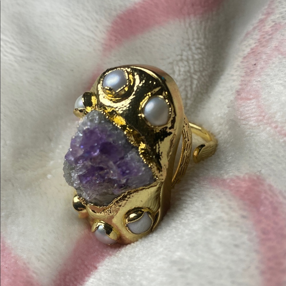 Real Amethyst and Pearl 18k GP Ring - Picture 3 of 5